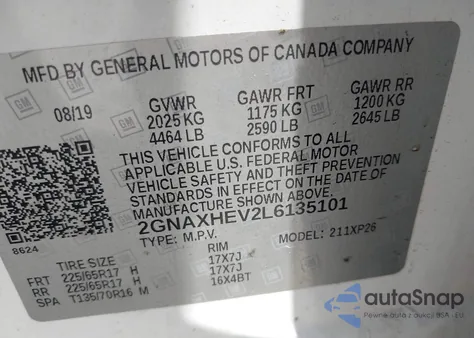 2020 Chevrolet Equinox Fwd Ls из США, поврежденный, VIN 2GNAXHEV2L6135101